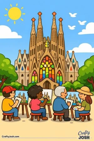 A simple scene shows the Sagrada Familia with tall towers, colorful windows, and a group of people sitting and painting in the foreground on a sunny ..