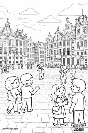 A lively city square shows people walking and chatting in an open plaza surrounded by tall ornate buildings with flags and detailed facades.