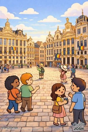 A lively city square shows people walking and chatting in an open plaza surrounded by tall ornate buildings with flags and detailed facades.
