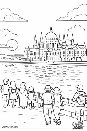 A big parliament building sits beside a calm river with a simple sunset sky while people walk along the riverside path