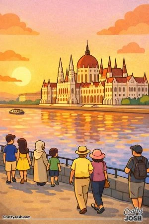 A big parliament building sits beside a calm river with a simple sunset sky while people walk along the riverside path