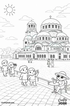 Visitors walk and take photos in a wide open square in front of a large cathedral with domes and detailed architecture under a sunny sky