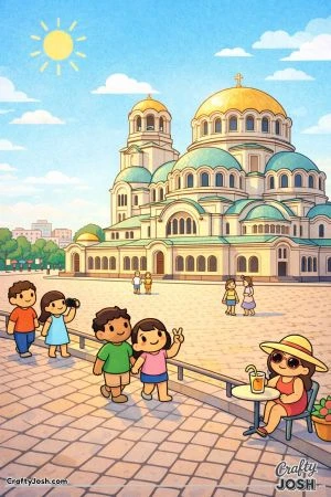 Visitors walk and take photos in a wide open square in front of a large cathedral with domes and detailed architecture under a sunny sky