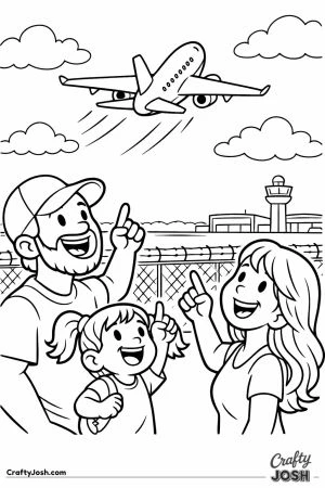 Cartoon family watching plane takeoff