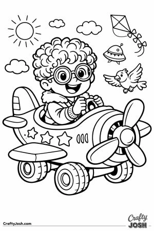 Cartoon kid in toy plane cockpit