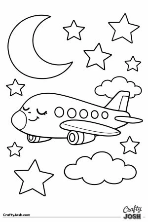 Cartoon plane nighttime moon stars