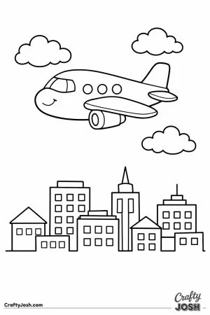 Cartoon plane over city