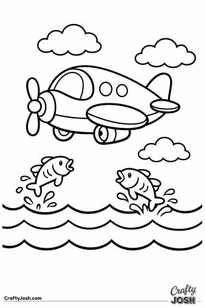 Cartoon plane over ocean waves