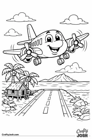 Cartoon plane tropical island landing