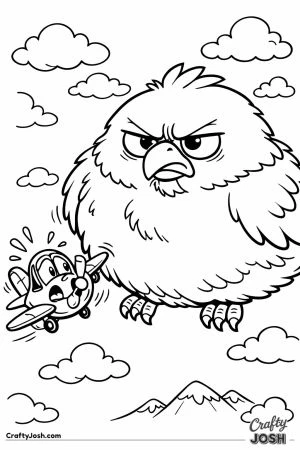 Cartoon tiny plane giant bird