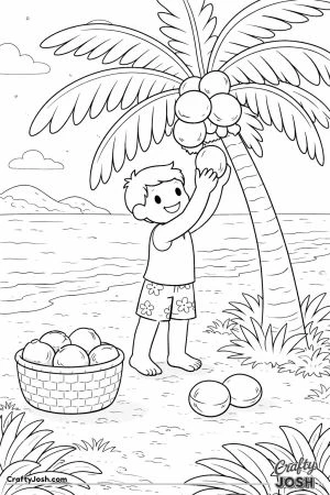 A simple tropical scene shows one person picking coconuts from a palm tree with a basket on the ground and a beach with ocean in the background.