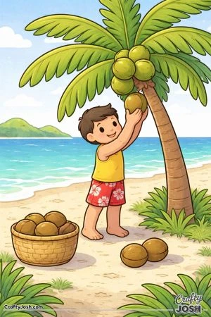 A simple tropical scene shows one person picking coconuts from a palm tree with a basket on the ground and a beach with ocean in the background.