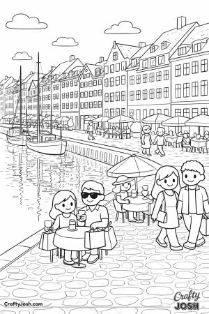 A lively harbor scene shows boats on calm water, rows of tall houses, outdoor cafe tables, and people walking and sitting along a cobblestone path.