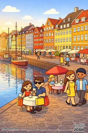 A lively harbor scene shows boats on calm water, rows of tall houses, outdoor cafe tables, and people walking and sitting along a cobblestone path.