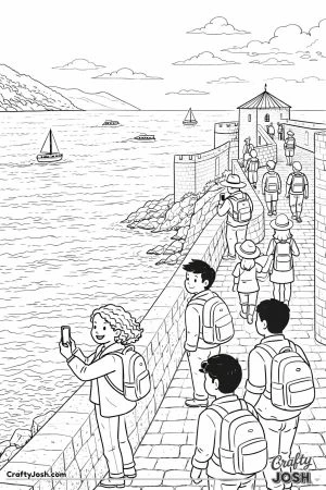 A scenic coastal wall walkway shows people strolling along stone paths while looking out at the sea, with boats in the water and waves gently hitting ..