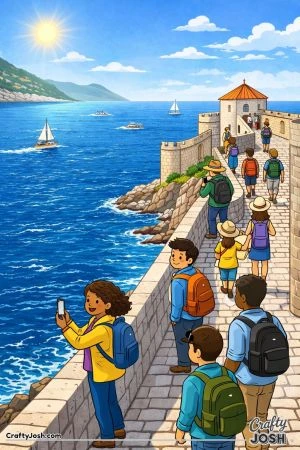 A scenic coastal wall walkway shows people strolling along stone paths while looking out at the sea, with boats in the water and waves gently hitting ..