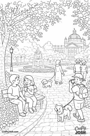 People relax in a park with trees, a fountain, and flower beds while some sit on a bench and others walk dogs along a path