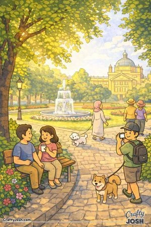 People relax in a park with trees, a fountain, and flower beds while some sit on a bench and others walk dogs along a path