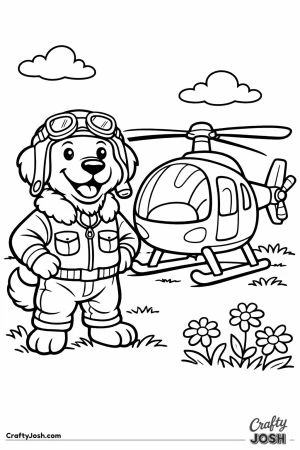 Dog pilot standing by helicopter