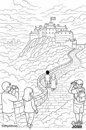 A castle sits high on a rocky hill with a winding path leading up while people walk and take photos under a cloudy sky