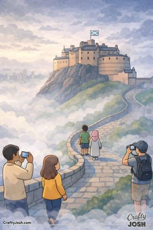 A castle sits high on a rocky hill with a winding path leading up while people walk and take photos under a cloudy sky