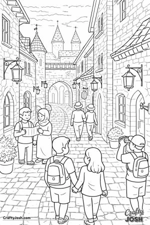 People walk along a narrow cobblestone street with stone buildings and hanging lanterns, leading toward towers and an archway in the distance