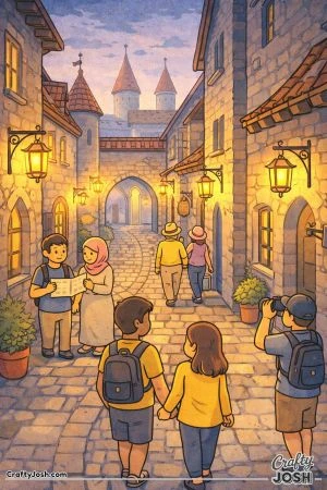 People walk along a narrow cobblestone street with stone buildings and hanging lanterns, leading toward towers and an archway in the distance