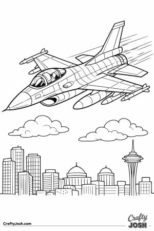 Fighter jet above city detailed