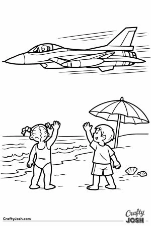 Fighter jet low pass beach kids