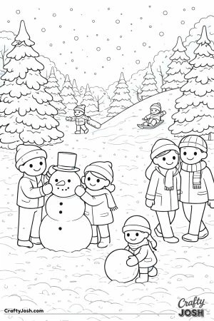 A peaceful winter park scene shows snow-covered trees, falling snow, people building a snowman, sledding, walking, and playing in the snow.
