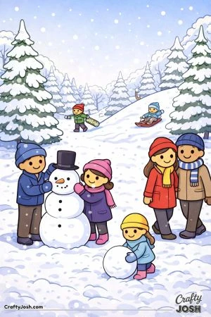 A peaceful winter park scene shows snow-covered trees, falling snow, people building a snowman, sledding, walking, and playing in the snow.