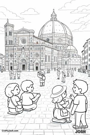 A grand cathedral with a large dome stands over an open plaza where people are sketching, walking, and taking photos.