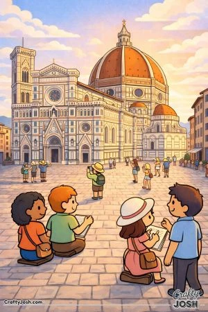 A grand cathedral with a large dome stands over an open plaza where people are sketching, walking, and taking photos.