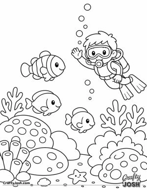 A friendly diver waves while swimming among simple fish, rounded coral shapes, and bubbles rising above a sandy ocean floor.