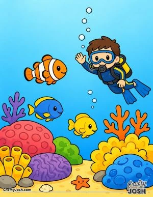 A friendly diver waves while swimming among simple fish, rounded coral shapes, and bubbles rising above a sandy ocean floor.