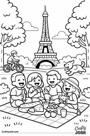 A cheerful group of friends sits on a picnic blanket in a park with the Eiffel Tower in the background, enjoying food while a cyclist rides by and a ..