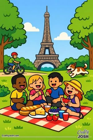 A cheerful group of friends sits on a picnic blanket in a park with the Eiffel Tower in the background, enjoying food while a cyclist rides by and a ..