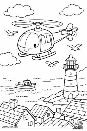 Helicopter flying over seaside town