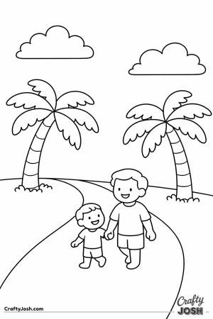 A parent and child walk together along a curved path lined with palm trees under an open sky with fluffy clouds