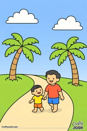 A parent and child walk together along a curved path lined with palm trees under an open sky with fluffy clouds