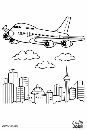 Jumbo jet above city skyline