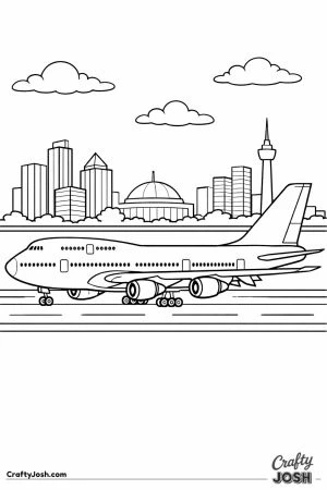Jumbo jet runway city backdrop detailed