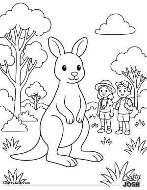 A large kawaii-style kangaroo stands in the center of a simple bush scene with a few trees, grass patches, and two children watching in the background