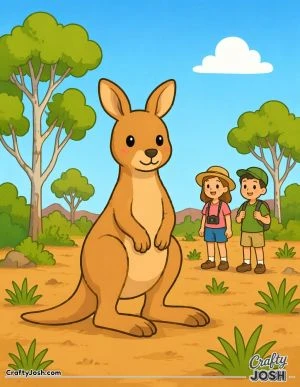 A large kawaii-style kangaroo stands in the center of a simple bush scene with a few trees, grass patches, and two children watching in the background