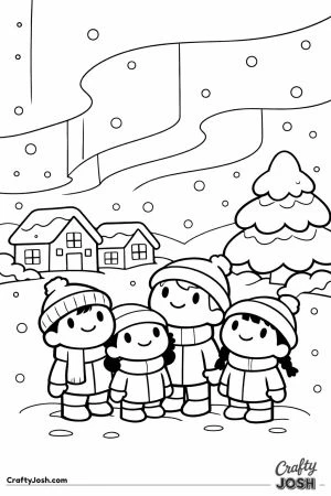 A group of happy children in winter clothes stand in a snowy village, looking up at the glowing northern lights in the night sky