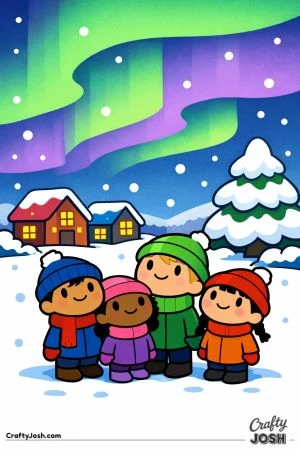A group of happy children in winter clothes stand in a snowy village, looking up at the glowing northern lights in the night sky