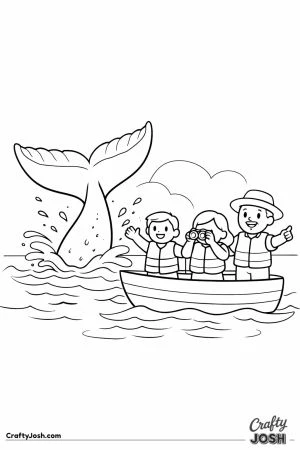 A large whale tail rises out of the ocean while three happy people watch from a small boat with gentle waves around them.