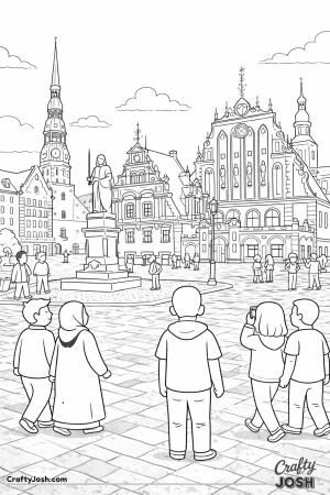 People walk and gather in a large open square with a statue, tall towers, and detailed historic buildings around them