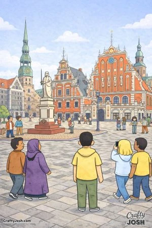 People walk and gather in a large open square with a statue, tall towers, and detailed historic buildings around them