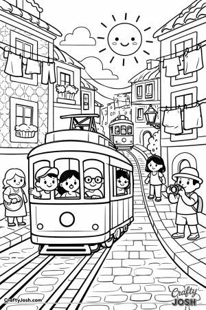 A cute Lisbon street scene shows a tram traveling uphill between simple buildings with laundry hanging overhead and people smiling nearby.